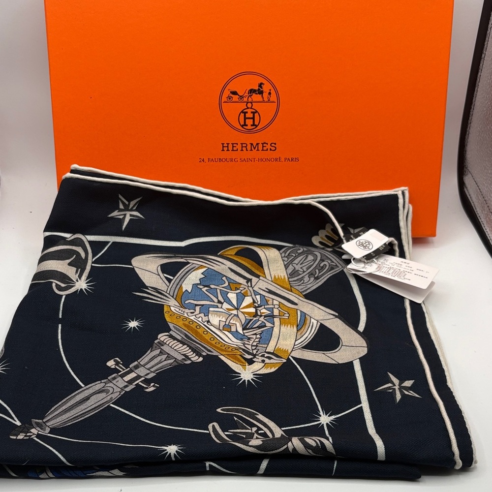 Hermes Navy Blue Ivory Gold Space-Themed Silk Scarf Shawl 48"x48"